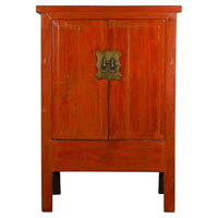 Chinese Red Lacquer Qing Dynasty Cabinet with Faint Hand-Painted Palace Scenes