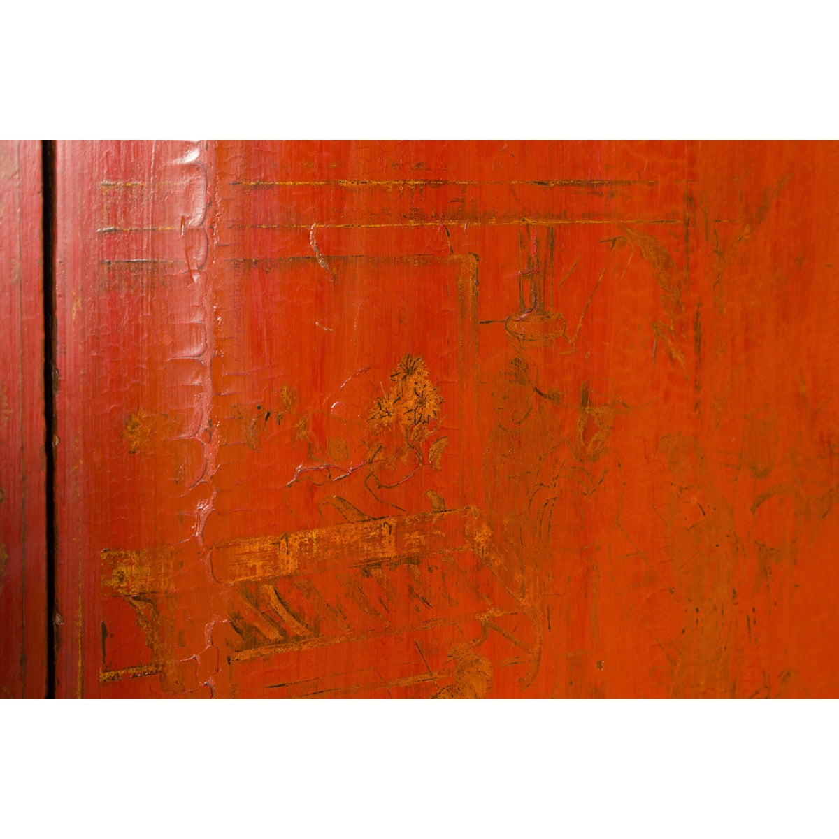 Chinese Red Lacquer Qing Dynasty Cabinet with Faint Hand-Painted Palace Scenes-11. Asian &amp; Chinese Furniture, Art, Antiques, Vintage Home Décor for sale at FEA Home