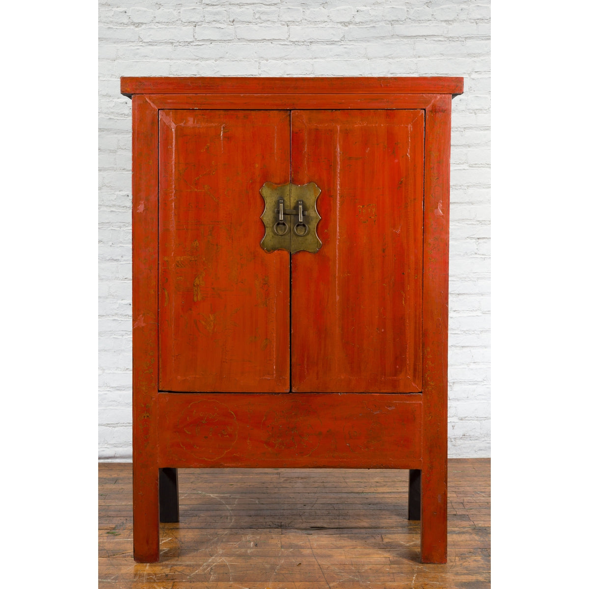 Chinese Red Lacquer Qing Dynasty Cabinet with Faint Hand-Painted Palace Scenes-2. Asian & Chinese Furniture, Art, Antiques, Vintage Home Décor for sale at FEA Home