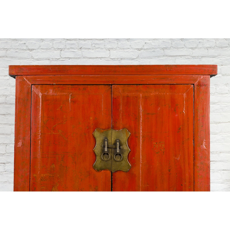 Chinese Red Lacquer Qing Dynasty Cabinet with Faint Hand-Painted Palace Scenes - Antique Chinese and Vintage Asian Furniture for Sale at FEA Home