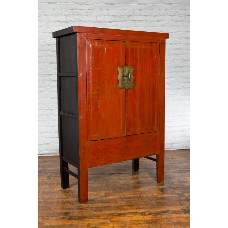 Chinese Red Lacquer Qing Dynasty Cabinet with Faint Hand-Painted Palace Scenes - Antique Chinese and Vintage Asian Furniture for Sale at FEA Home