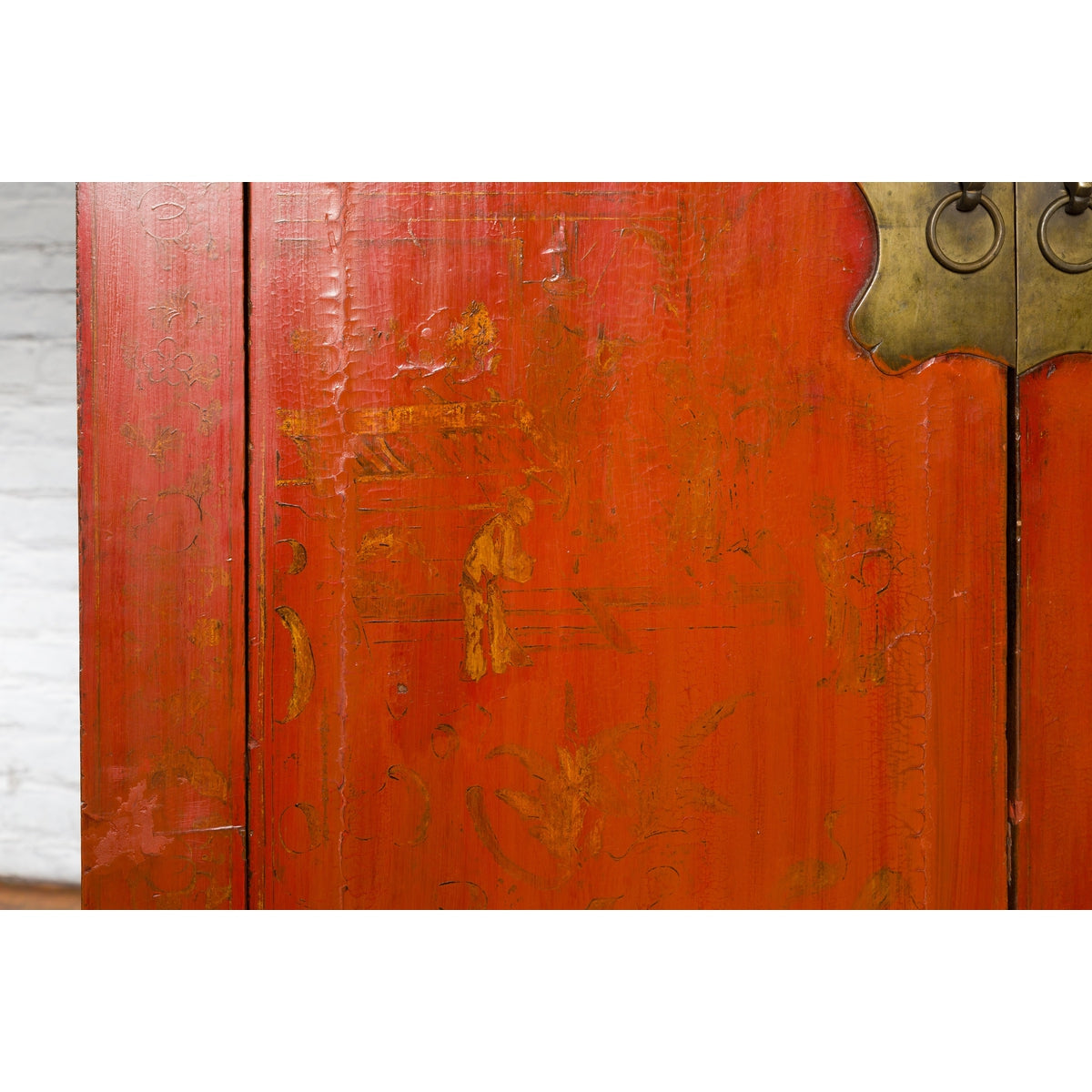 Chinese Red Lacquer Qing Dynasty Cabinet with Faint Hand-Painted Palace Scenes-9. Asian &amp; Chinese Furniture, Art, Antiques, Vintage Home Décor for sale at FEA Home
