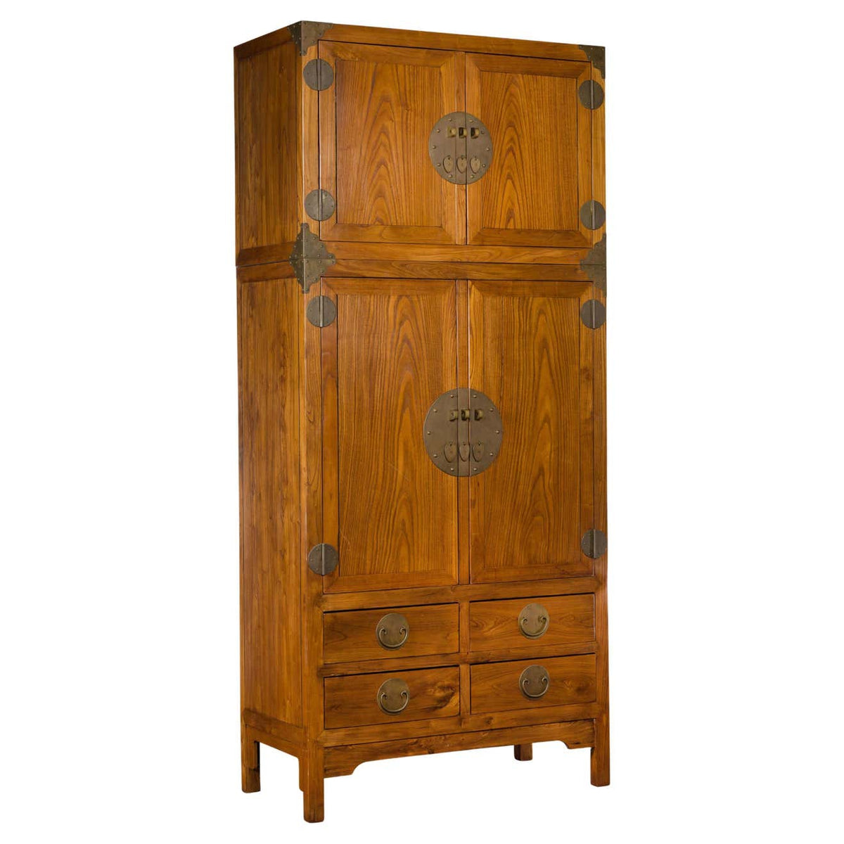Large Chinese Qing Dynasty 1800s Oak Wood Compound Cabinet with Brass Medallions-1. Asian & Chinese Furniture, Art, Antiques, Vintage Home Décor for sale at FEA Home