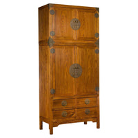 Large Chinese Qing Dynasty 1800s Oak Wood Compound Cabinet with Brass Medallions