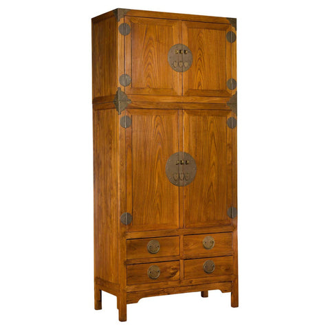 Large Chinese Qing Dynasty 1800s Oak Wood Compound Cabinet with Brass Medallions - Antique Chinese and Vintage Asian Furniture for Sale at FEA Home