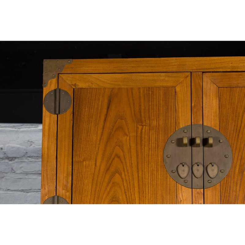 Large Chinese Qing Dynasty 1800s Oak Wood Compound Cabinet with Brass Medallions - Antique Chinese and Vintage Asian Furniture for Sale at FEA Home
