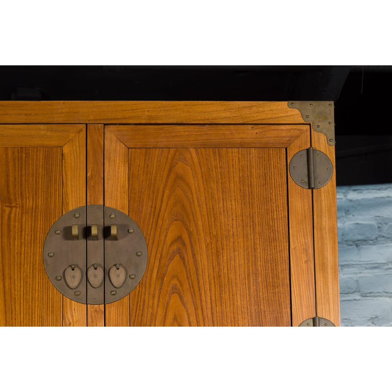 Large Chinese Qing Dynasty 1800s Oak Wood Compound Cabinet with Brass Medallions - Antique Chinese and Vintage Asian Furniture for Sale at FEA Home