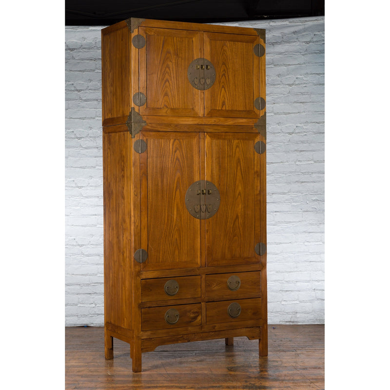 Large Chinese Qing Dynasty 1800s Oak Wood Compound Cabinet with Brass Medallions - Antique Chinese and Vintage Asian Furniture for Sale at FEA Home