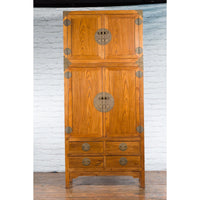 Large Chinese Qing Dynasty 1800s Oak Wood Compound Cabinet with Brass Medallions