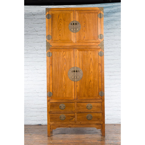 Large Chinese Qing Dynasty 1800s Oak Wood Compound Cabinet with Brass Medallions - Antique Chinese and Vintage Asian Furniture for Sale at FEA Home