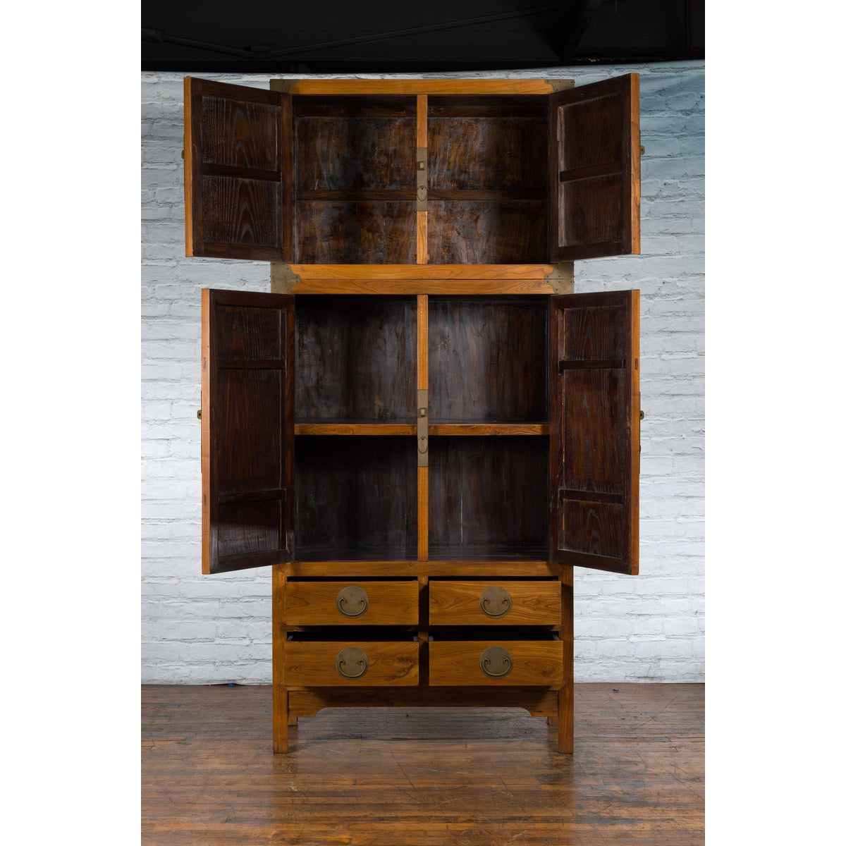 Large Chinese Qing Dynasty 1800s Oak Wood Compound Cabinet with Brass Medallions-3. Asian &amp; Chinese Furniture, Art, Antiques, Vintage Home Décor for sale at FEA Home