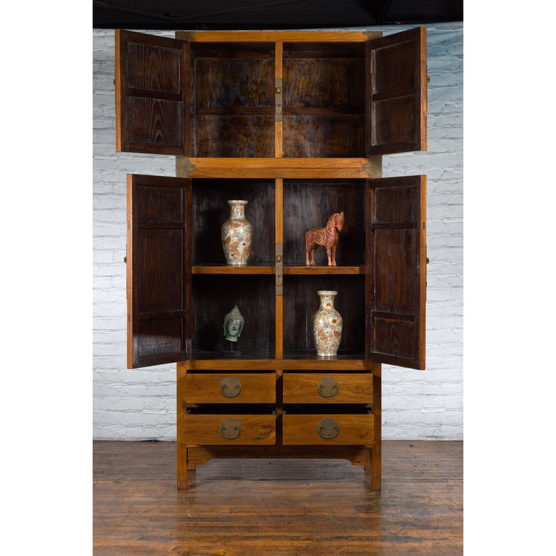 Large Chinese Qing Dynasty 1800s Oak Wood Compound Cabinet with Brass Medallions - Antique Chinese and Vintage Asian Furniture for Sale at FEA Home