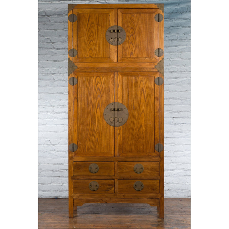 Large Chinese Qing Dynasty 1800s Oak Wood Compound Cabinet with Brass Medallions - Antique Chinese and Vintage Asian Furniture for Sale at FEA Home