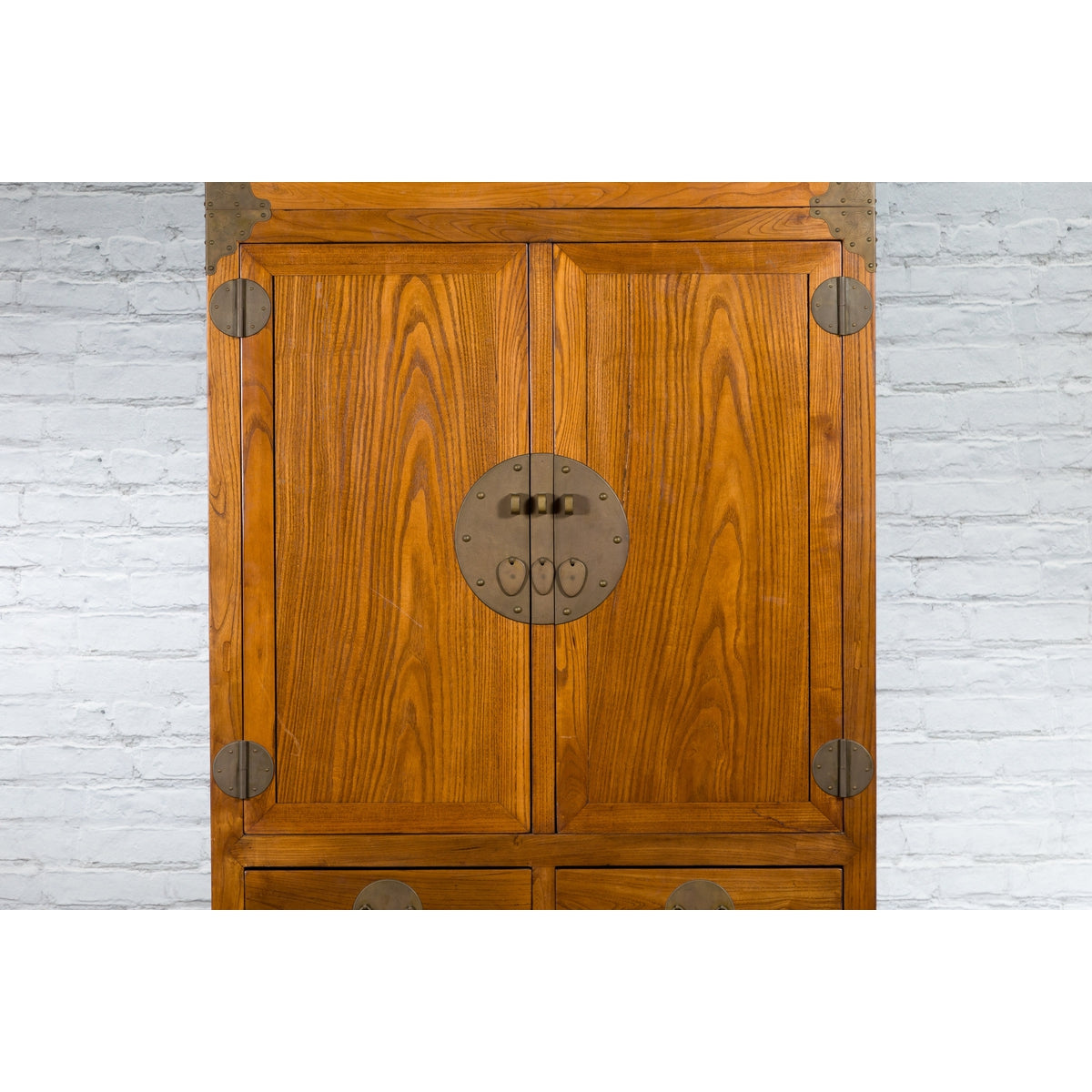 Large Chinese Qing Dynasty 1800s Oak Wood Compound Cabinet with Brass Medallions-7. Asian &amp; Chinese Furniture, Art, Antiques, Vintage Home Décor for sale at FEA Home