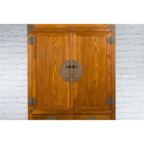 Large Chinese Qing Dynasty 1800s Oak Wood Compound Cabinet with Brass Medallions - Antique Chinese and Vintage Asian Furniture for Sale at FEA Home