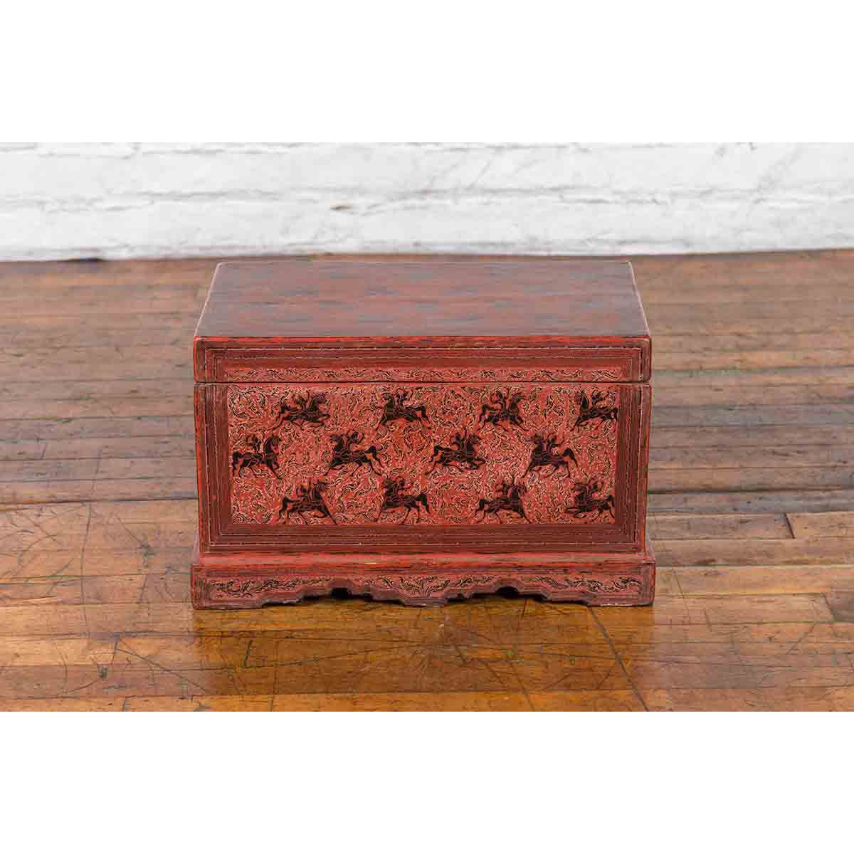 Chinese Late 19th Century Red Trunk with Black Hand-Painted Riders on Horses-4. Asian &amp; Chinese Furniture, Art, Antiques, Vintage Home Décor for sale at FEA Home