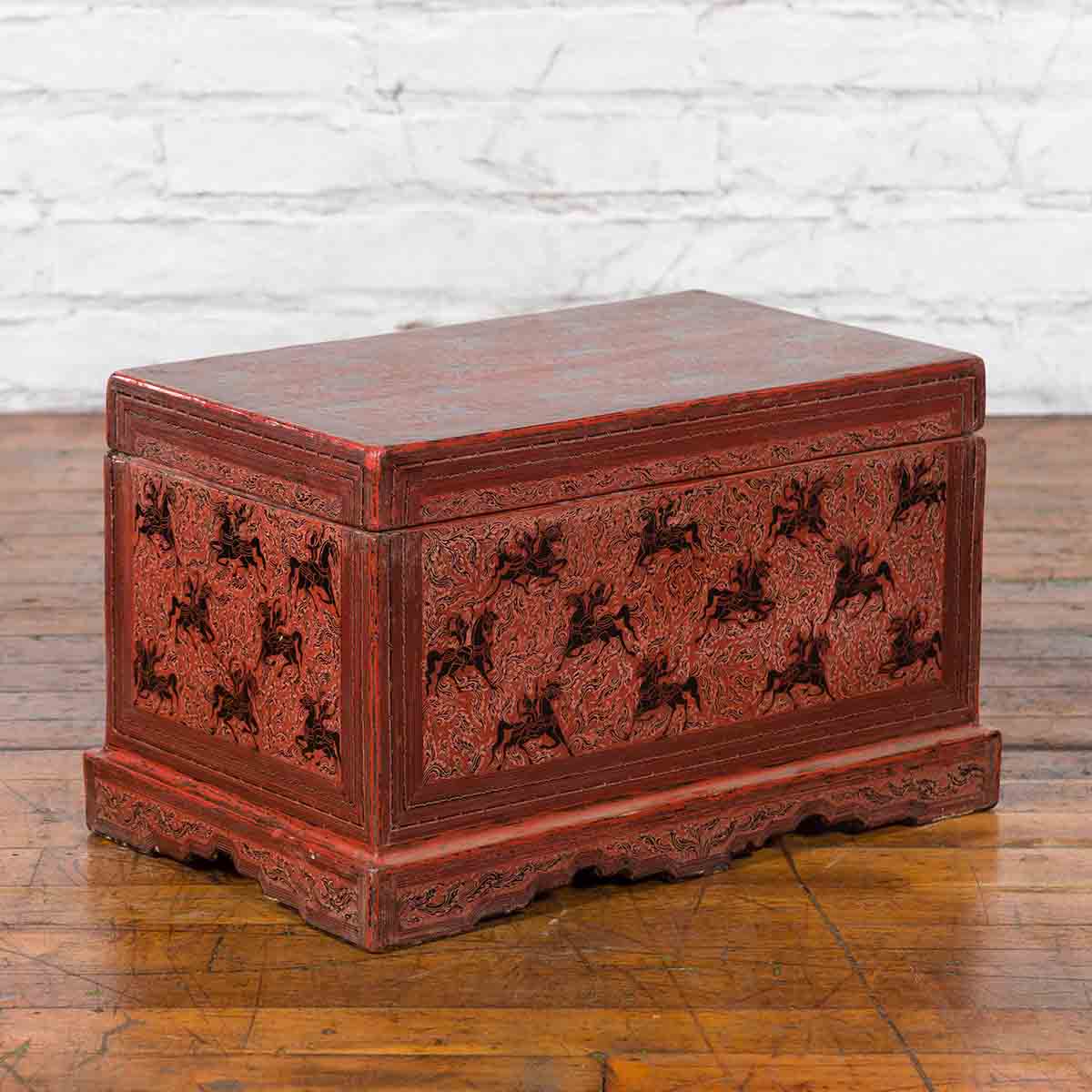 Chinese Late 19th Century Red Trunk with Black Hand-Painted Riders on Horses-2. Asian & Chinese Furniture, Art, Antiques, Vintage Home Décor for sale at FEA Home