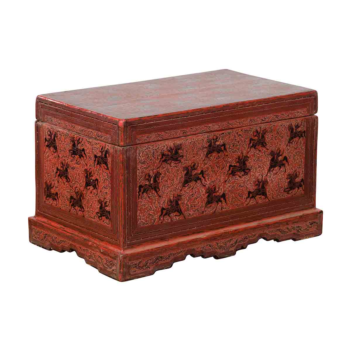 Chinese Late 19th Century Red Trunk with Black Hand-Painted Riders on Horses-1. Asian & Chinese Furniture, Art, Antiques, Vintage Home Décor for sale at FEA Home