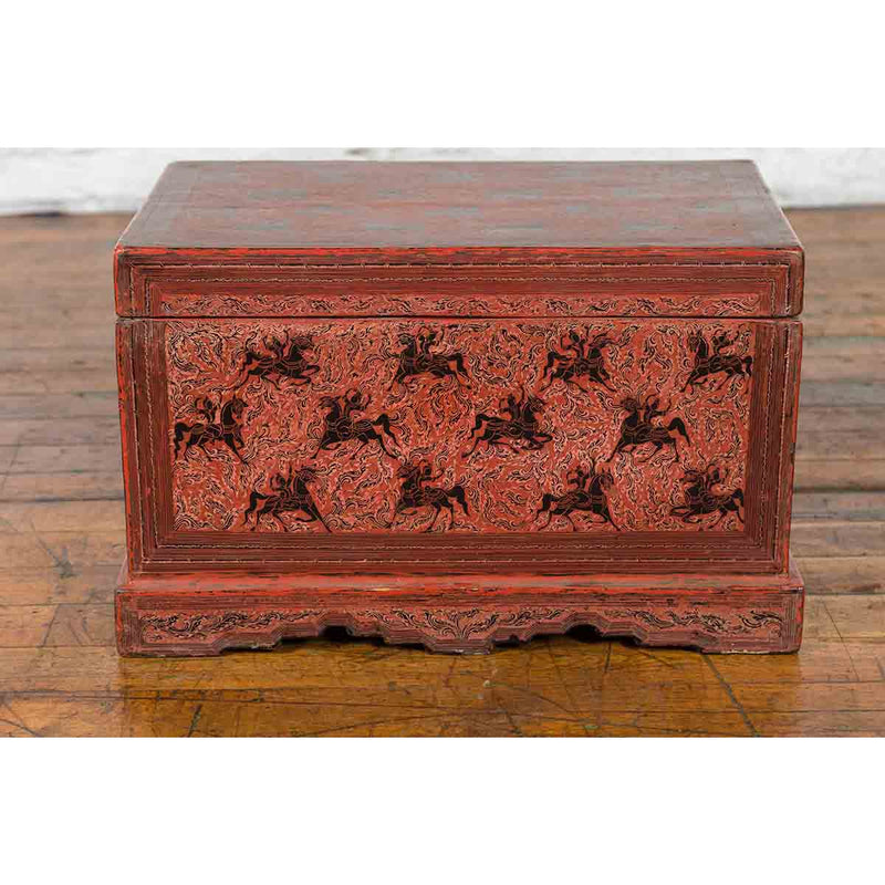 Chinese Late 19th Century Red Trunk with Black Hand-Painted Riders on Horses