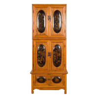 Tall Chinese 19th Century Qing Dynasty Wooden Cabinet with Chinoiserie Panels
