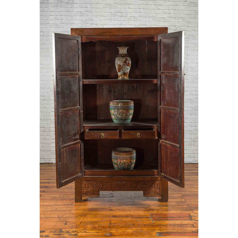 Chinese Qing Dynasty Period 19th Century Brown Cabinet with Carved Apron-YN2564-3. Asian & Chinese Furniture, Art, Antiques, Vintage Home Décor for sale at FEA Home