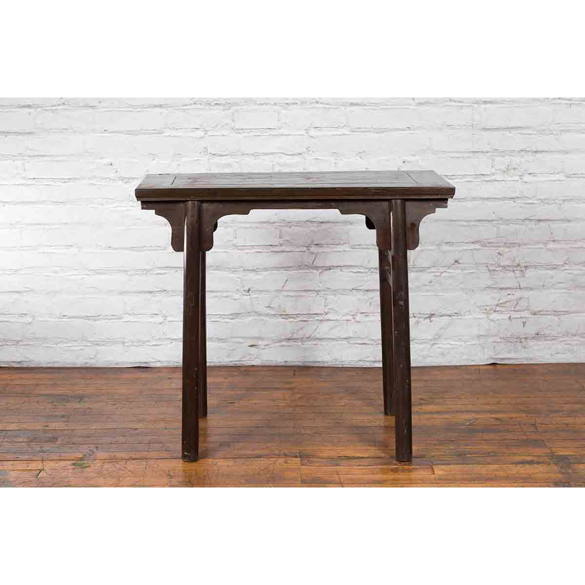 Chinese Early 20th Century Dark Lacquer Wine Console Table with Carved Apron-13. Asian &amp; Chinese Furniture, Art, Antiques, Vintage Home Décor for sale at FEA Home