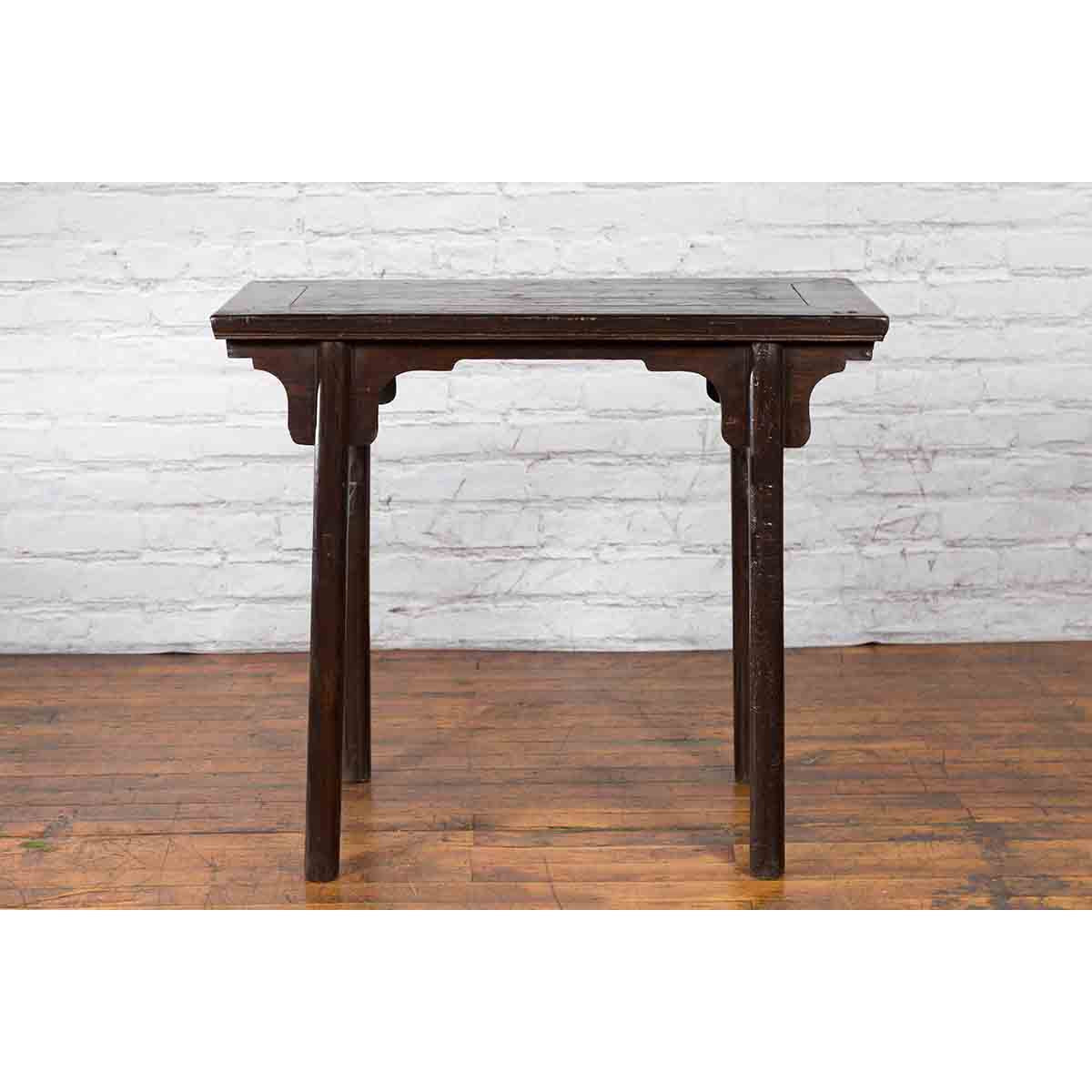 Chinese Early 20th Century Dark Lacquer Wine Console Table with Carved Apron-11. Asian &amp; Chinese Furniture, Art, Antiques, Vintage Home Décor for sale at FEA Home