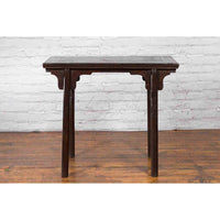 Chinese Early 20th Century Dark Lacquer Wine Console Table with Carved Apron