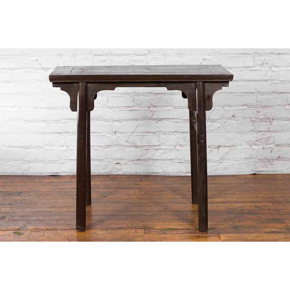 Chinese Early 20th Century Dark Lacquer Wine Console Table with Carved Apron-15. Asian &amp; Chinese Furniture, Art, Antiques, Vintage Home Décor for sale at FEA Home