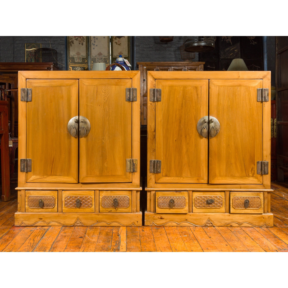 Pair of Chinese Qing Dynasty Carved Yumu Wood Cabinets with Doors and Drawers-2. Asian & Chinese Furniture, Art, Antiques, Vintage Home Décor for sale at FEA Home