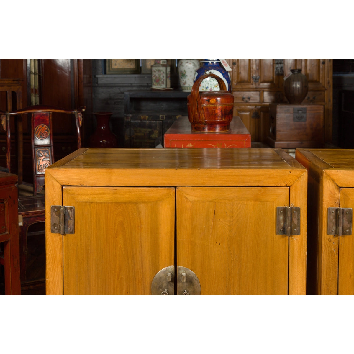 Pair of Chinese Qing Dynasty Carved Yumu Wood Cabinets with Doors and Drawers-7. Asian &amp; Chinese Furniture, Art, Antiques, Vintage Home Décor for sale at FEA Home