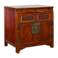 Antique Chinese Side Cabinet with Carved Panels, Gilt Accents and Hidden Drawers