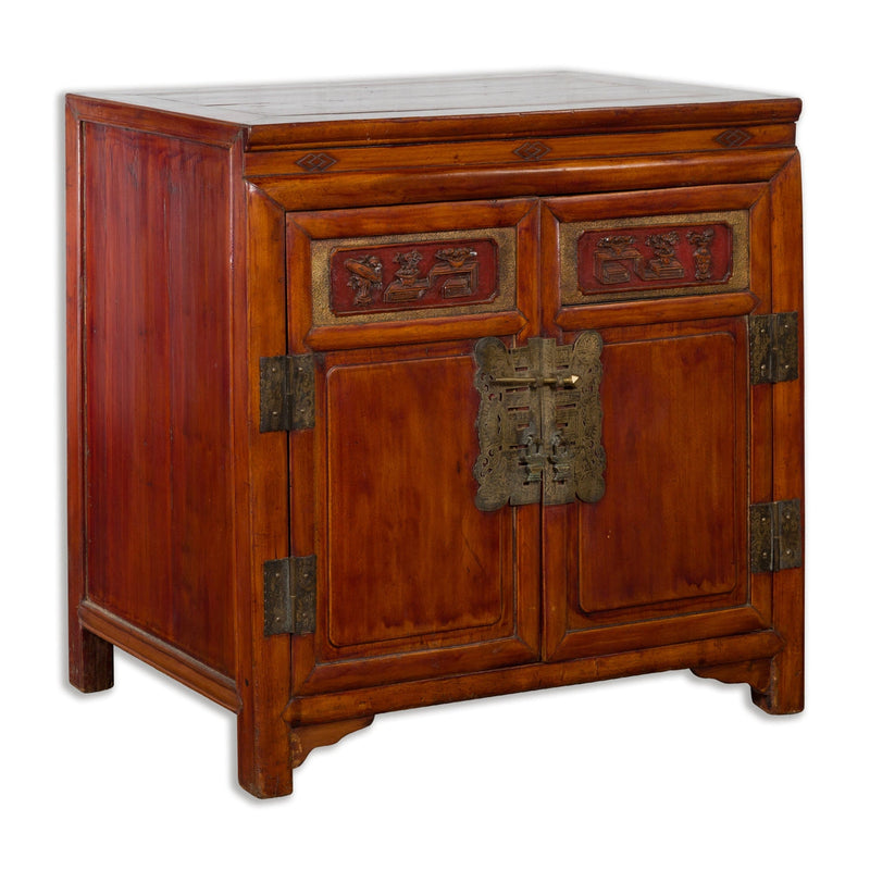 Antique Chinese Side Cabinet with Carved Panels, Gilt Accents and Hidden Drawers-YN2621-1. Asian & Chinese Furniture, Art, Antiques, Vintage Home Décor for sale at FEA Home