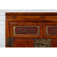 Antique Chinese Side Cabinet with Carved Panels, Gilt Accents and Hidden Drawers