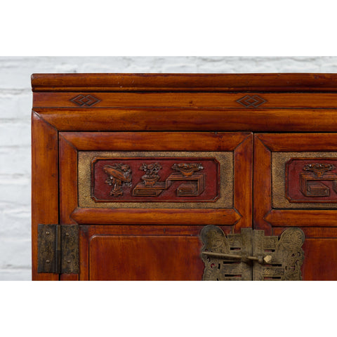 Antique Chinese Side Cabinet with Carved Panels, Gilt Accents and Hidden Drawers-YN2621-10. Asian & Chinese Furniture, Art, Antiques, Vintage Home Décor for sale at FEA Home