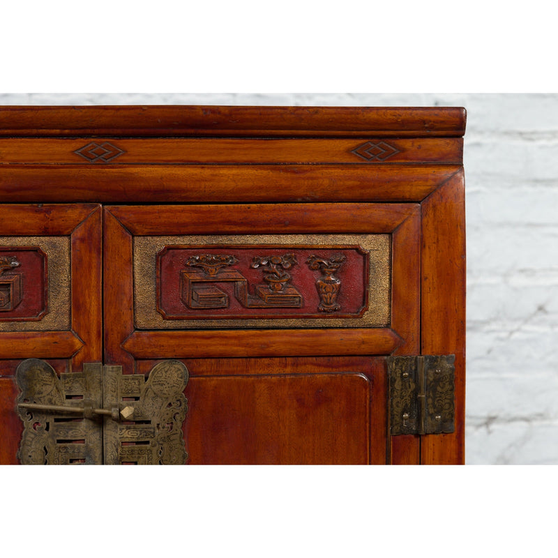 Antique Chinese Side Cabinet with Carved Panels, Gilt Accents and Hidden Drawers-YN2621-11. Asian & Chinese Furniture, Art, Antiques, Vintage Home Décor for sale at FEA Home