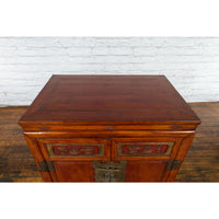 Antique Chinese Side Cabinet with Carved Panels, Gilt Accents and Hidden Drawers
