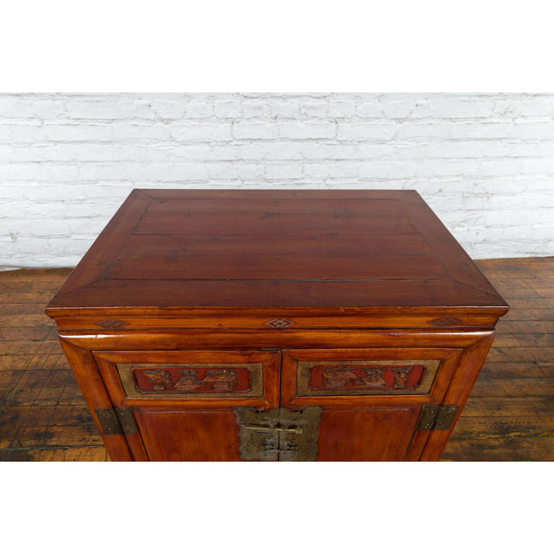 Antique Chinese Side Cabinet with Carved Panels, Gilt Accents and Hidden Drawers-YN2621-14. Asian & Chinese Furniture, Art, Antiques, Vintage Home Décor for sale at FEA Home