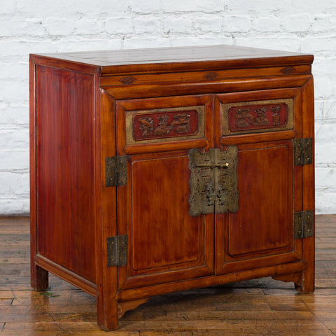 Antique Chinese Side Cabinet with Carved Panels, Gilt Accents and Hidden Drawers-YN2621-16. Asian & Chinese Furniture, Art, Antiques, Vintage Home Décor for sale at FEA Home