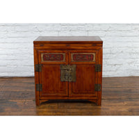 Antique Chinese Side Cabinet with Carved Panels, Gilt Accents and Hidden Drawers