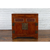 Antique Chinese Side Cabinet with Carved Panels, Gilt Accents and Hidden Drawers