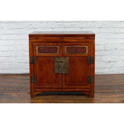 Antique Chinese Side Cabinet with Carved Panels, Gilt Accents and Hidden Drawers-YN2621-3. Asian & Chinese Furniture, Art, Antiques, Vintage Home Décor for sale at FEA Home