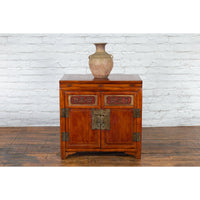 Antique Chinese Side Cabinet with Carved Panels, Gilt Accents and Hidden Drawers