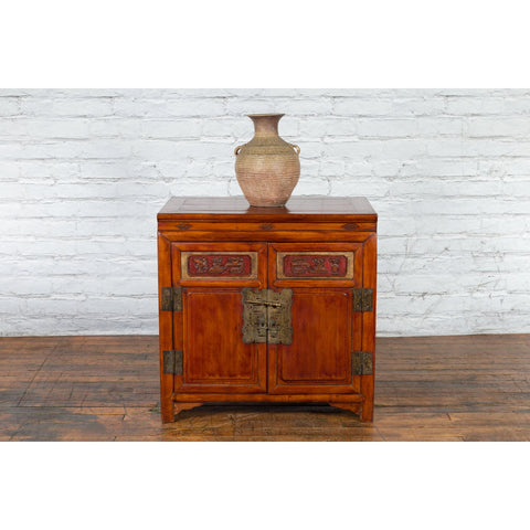 Antique Chinese Side Cabinet with Carved Panels, Gilt Accents and Hidden Drawers-YN2621-4. Asian & Chinese Furniture, Art, Antiques, Vintage Home Décor for sale at FEA Home