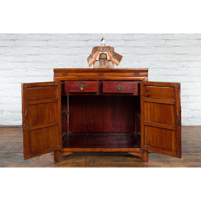 Antique Chinese Side Cabinet with Carved Panels, Gilt Accents and Hidden Drawers-YN2621-5. Asian & Chinese Furniture, Art, Antiques, Vintage Home Décor for sale at FEA Home