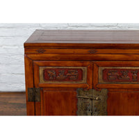Antique Chinese Side Cabinet with Carved Panels, Gilt Accents and Hidden Drawers