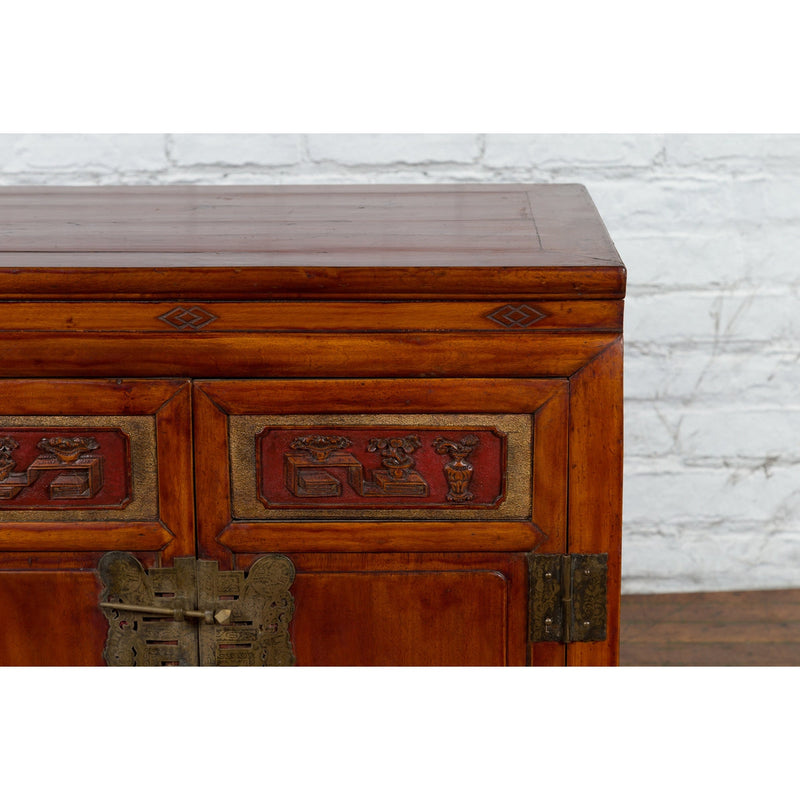 Antique Chinese Side Cabinet with Carved Panels, Gilt Accents and Hidden Drawers-YN2621-7. Asian & Chinese Furniture, Art, Antiques, Vintage Home Décor for sale at FEA Home