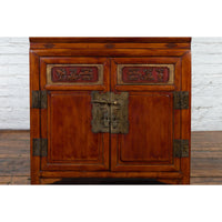 Antique Chinese Side Cabinet with Carved Panels, Gilt Accents and Hidden Drawers