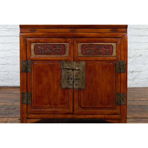 Antique Chinese Side Cabinet with Carved Panels, Gilt Accents and Hidden Drawers-YN2621-8. Asian & Chinese Furniture, Art, Antiques, Vintage Home Décor for sale at FEA Home