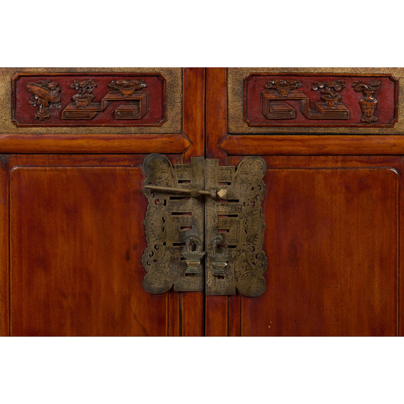 Antique Chinese Side Cabinet with Carved Panels, Gilt Accents and Hidden Drawers-YN2621-9. Asian & Chinese Furniture, Art, Antiques, Vintage Home Décor for sale at FEA Home